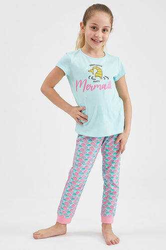 Kız Çocuk Deniz Kızı Baskılı Kısa Kol Pijama Takımı