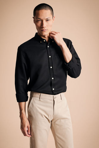 Slim Fit Polo Neck Long Sleeve Cotton Shirt