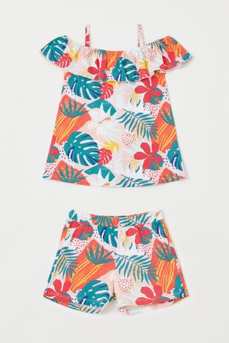 Girl Topical Patterned Off Shoulder Blouse And Shorts Set