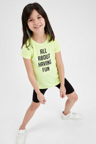 Girl Printed Text Short-Sleeved T-Shirt And Biker Leggings Set