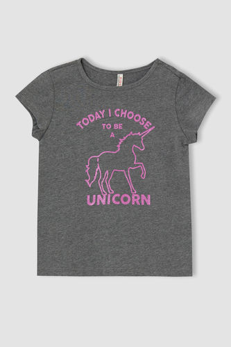 Kız Çocuk Unicorn Baskılı Kısa Kollu Tişört