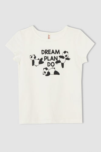 Kız Çocuk Panda Baskılı Kısa Kollu Tişört