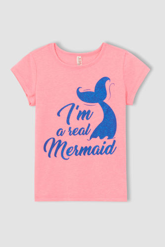 Kız Çocuk Deniz Kızı Baskılı Kısa Kollu Tişört