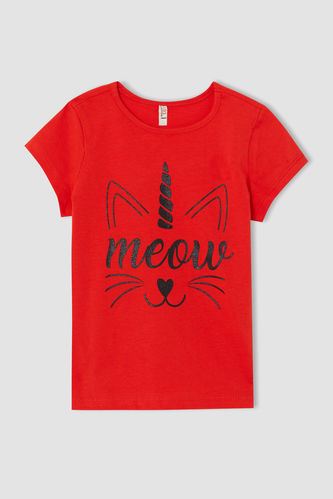 Kız Çocuk Kedi Baskılı Kısa Kollu Tişört