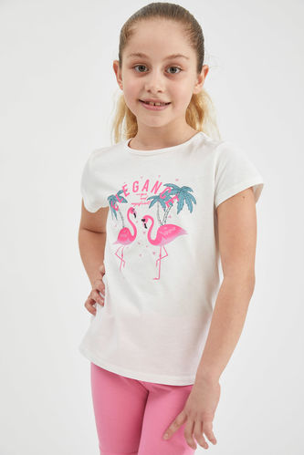 Kız Çocuk Flamingo Baskılı Kısa Kollu Tişört