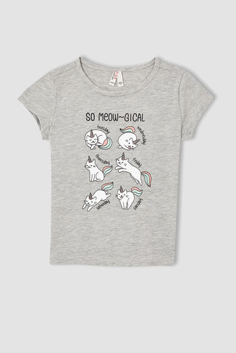 Kız Çocuk Kedi Baskılı Kısa Kollu Tişört