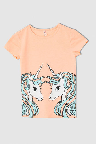 Kız Çocuk Unicorn Baskılı Kısa Kollu Tişört