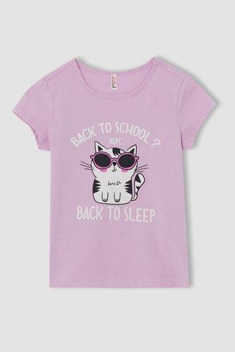 Kız Çocuk Sevimli Kedi Baskılı Kısa Kollu Tişört