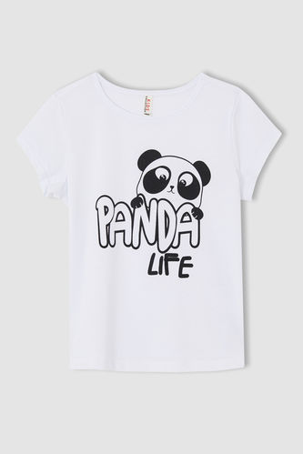 Kız Çocuk Sevimli Panda Baskılı Kısa Kollu Tişört