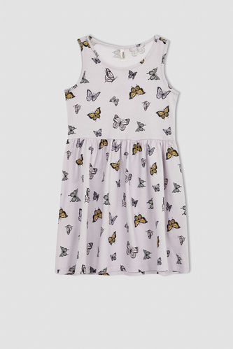 Girl Regular Fit Butterfly Patterned Sleeveless Cotton Summer Dress