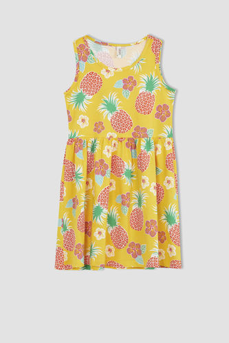 Kız Çocuk Regular Fit Ananas Desenli Kolsuz Pamuklu Penye Yazlık Elbise