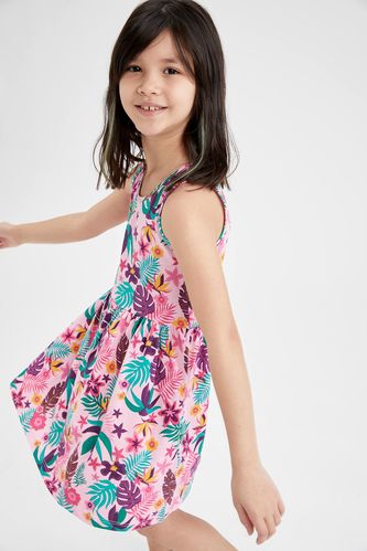 Kız Çocuk Palmiye Desenli Kolsuz Elbise