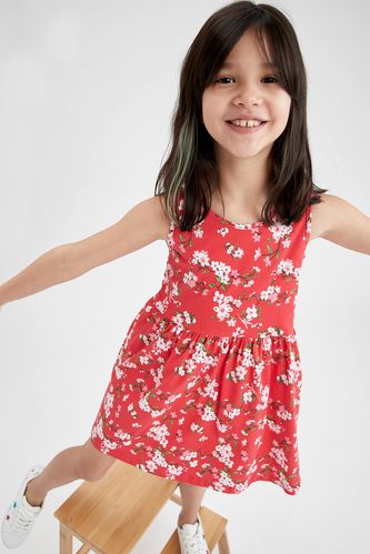Kız Çocuk Çiçek Desenli Kolsuz Elbise
