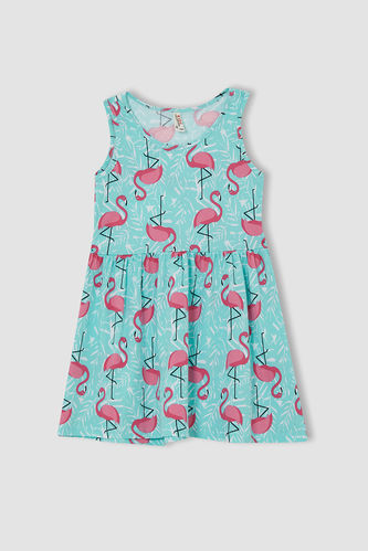 Kız Çocuk Flamingo Desenli Kolsuz Elbise