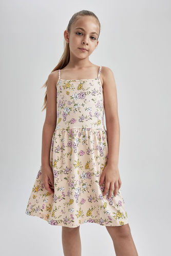 Kız Çocuk Regular Fit Çiçek Desenli Askılı Pamuklu Penye Yazlık Elbise