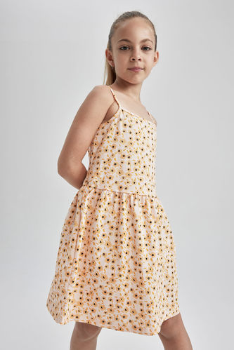 Girl Regular Fit Floral Patterned Strap Cotton Combed Cotton Summer Dress