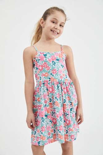 Kız Çocuk Regular Fit Çiçek Desenli Askılı Yazlık Pamuklu Penye Elbise