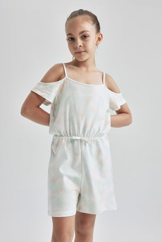 Kız Çocuk Regular Fit Batik Desenli Askılı Pamuklu Penye Yazlık Kısa Tulum
