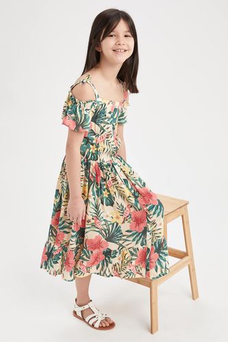 Girl Off-Shoulder Strap Tropical Printed Buttoned Dress