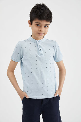 Boy Double Hem Short-Sleeved Slim Fit Stand-Up Collar Polo T-Shirt