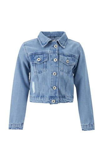 Kız Çocuk Yıpratma Detaylı Crop Jean Ceket
