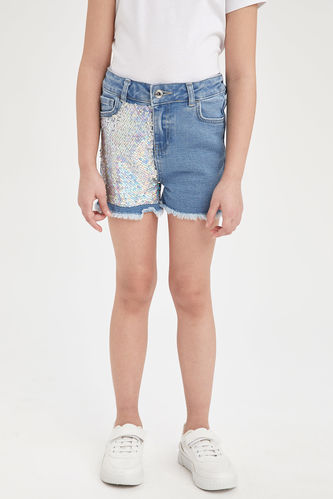 Girls Regular Fit Sequined Jean Shorts
