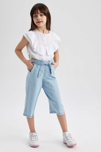 Girl Culotte Fit Belted Capri Length Jeans