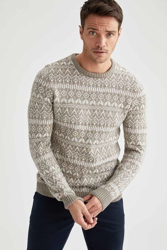 Ethnic Patterned Slim Fit Crew Neck Knitwear Sweater