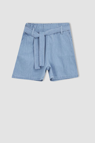 Girl Paperbag Elastic Waist Belted Jean Shorts
