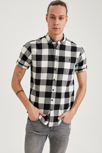 Checkered Slim Fit Short Sleeve Cotton Shirt