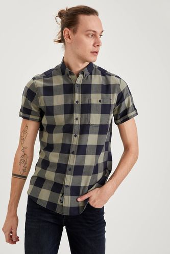 Checkered Slim Fit Short Sleeve Cotton Shirt