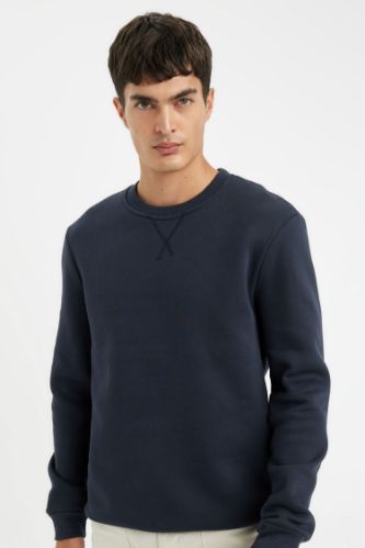 Regular Fit Bisiklet Yaka Kalın Basic Düz Sweatshirt
