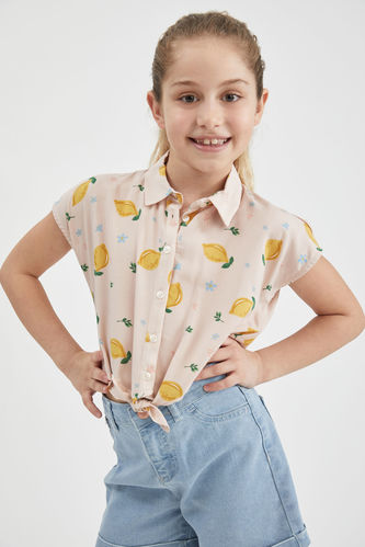 Kız Çocuk Limon Desenli Bağlama Detaylı Kısa Kollu Crop Gömlek