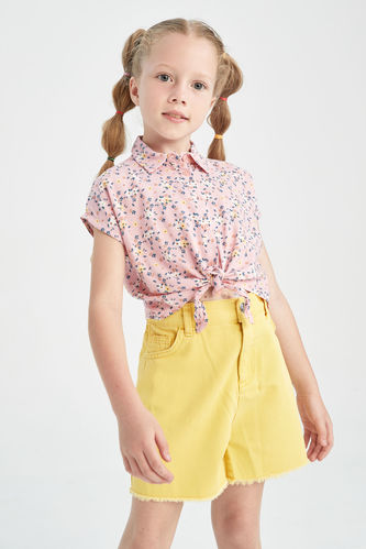 Kız Çocuk Çiçekli Crop Bağlamalı Kısa Kollu Gömlek