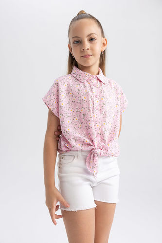 Girl Short-Sleeved Standard Hem Relaxed Fit Floral Print Shirt
