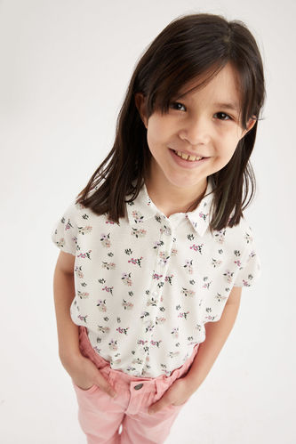 Kız Çocuk Çiçek Desenli Bağlama Detaylı Kısa Kol Gömlek