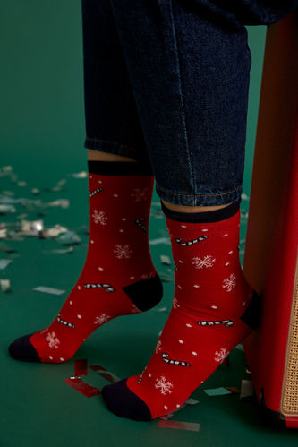 Kadın Yılbaşı Temalı Pamuklu 2'li Uzun Çorap