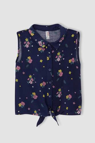 Girl Sleeveless Collared Floral Patterned Shirt