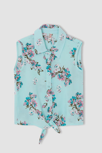 Girl Sleeveless Collared Floral Patterned Shirt