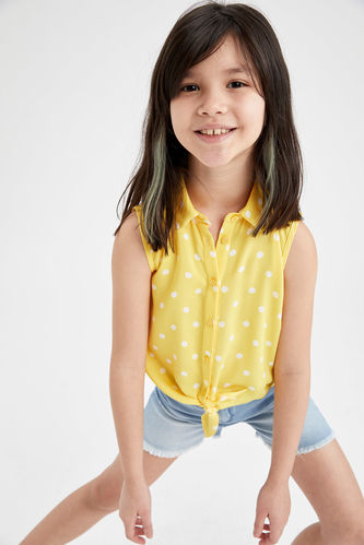 Kız Çocuk Puantiye Desenli Bağlama Detaylı Kolsuz Gömlek