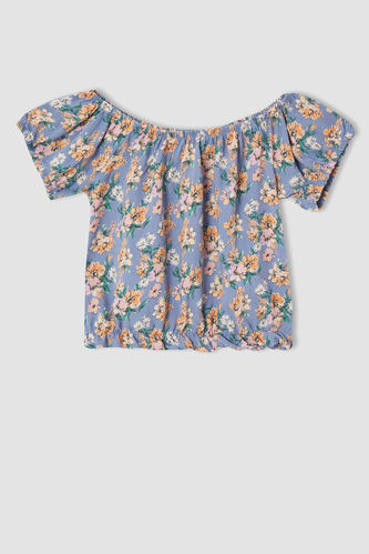 Kız Çocuk Çiçek Desenli Kısa Kollu Crop Bluz