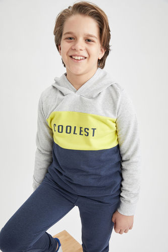 Erkek Çocuk Yazı Baskılı Renk Bloklu Sweatshirt ve Jogger Eşofman Alt Takım