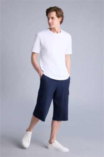 Erkek Lacivert Relax Fıt Sweatshirt Kumaşı Uzun Şort