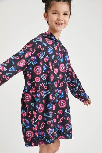 Kız Çocuk Popart Baskı Desenli Kapüşonlu Sweatshirt Elbise