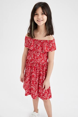 Girl Off Shoulder-Sleeved Frill Floral Dress