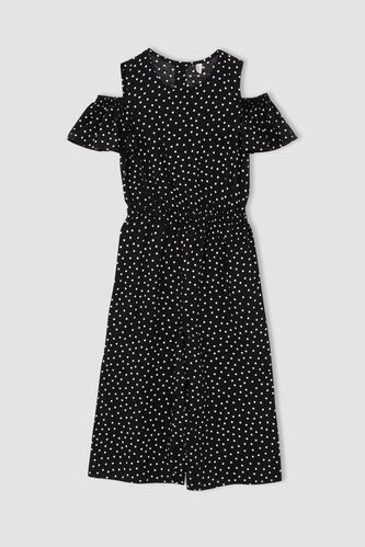 Girl Open Shoulder Polka Dot Printed Jumpsuit