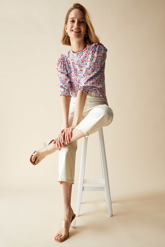 Elastic Band 3/4 Sleeve Relaxed Fit Crew Neck Floral Print Blouse