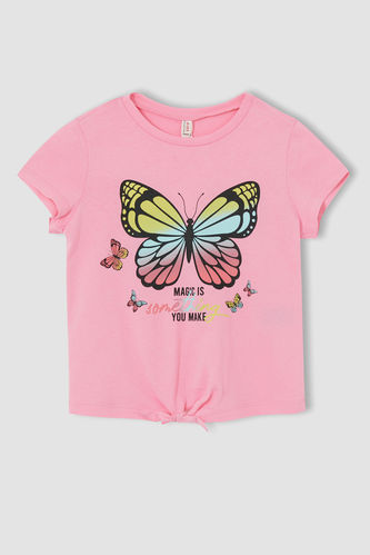 T-shirt à manches courtes imprimé papillon avec nœud pour fille