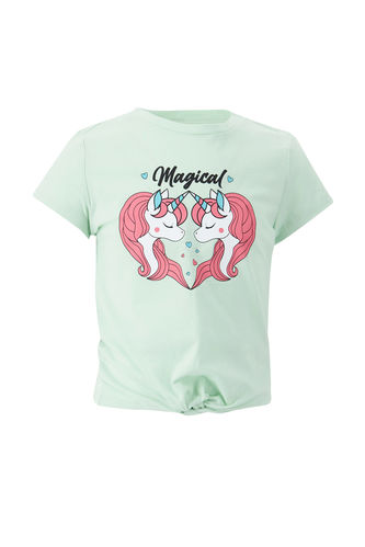Kız Çocuk Unicorn Baskılı Bağlama Detaylı Kısa Kol Tişört