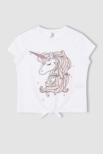 Kız Çocuk Unicorn Baskılı Bağlama Detaylı Kısa Kol Tişört